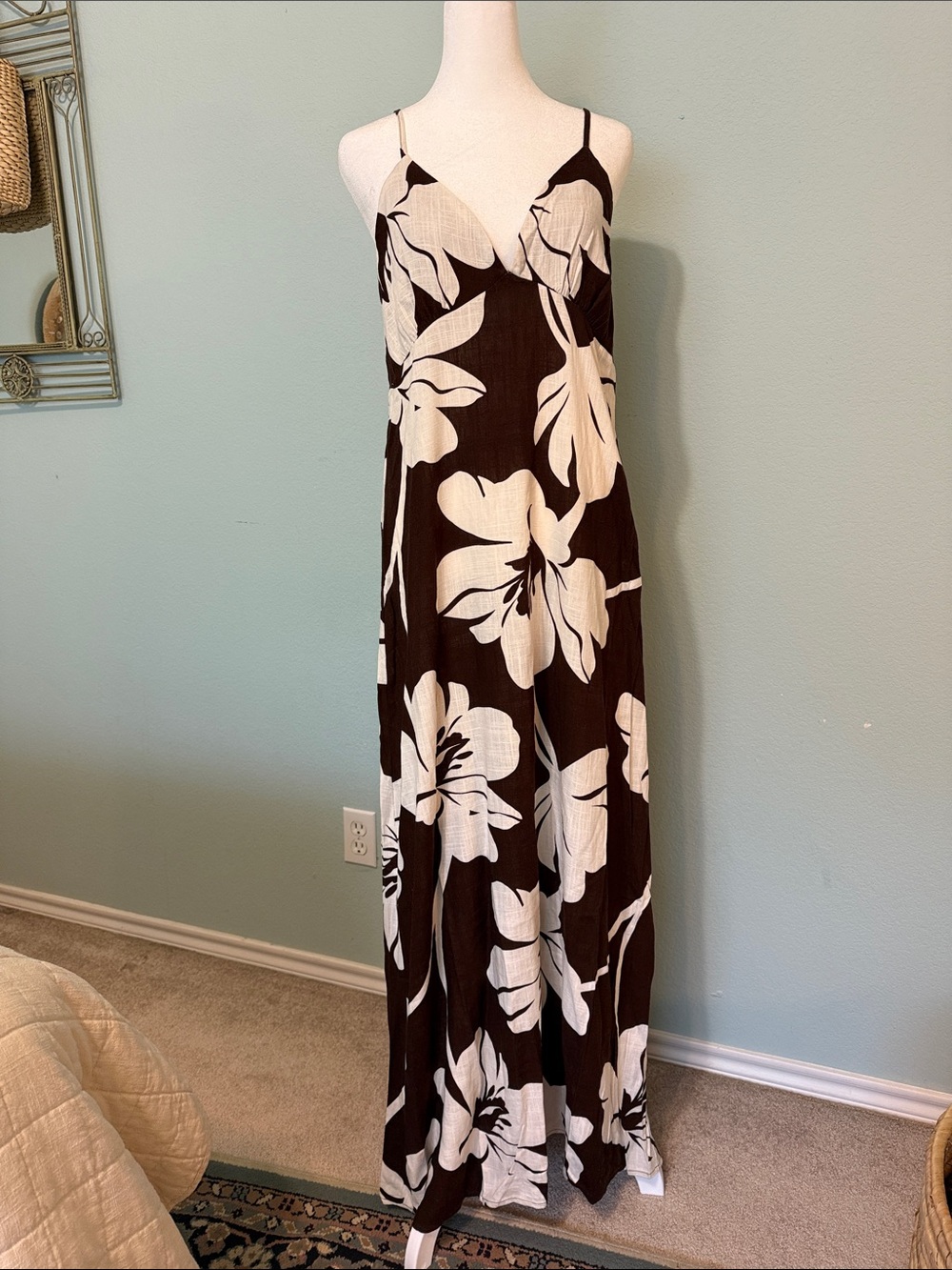 Brown and White Floral Spaghetti-Strap Maxi Dress